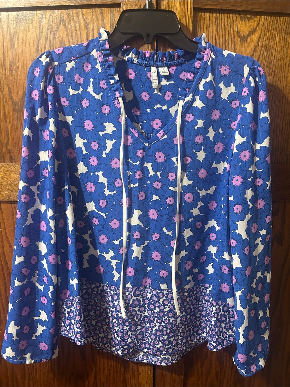 Elle Blue Floral Tie-Neck Long-Sleeve Blouse with Pink Accents